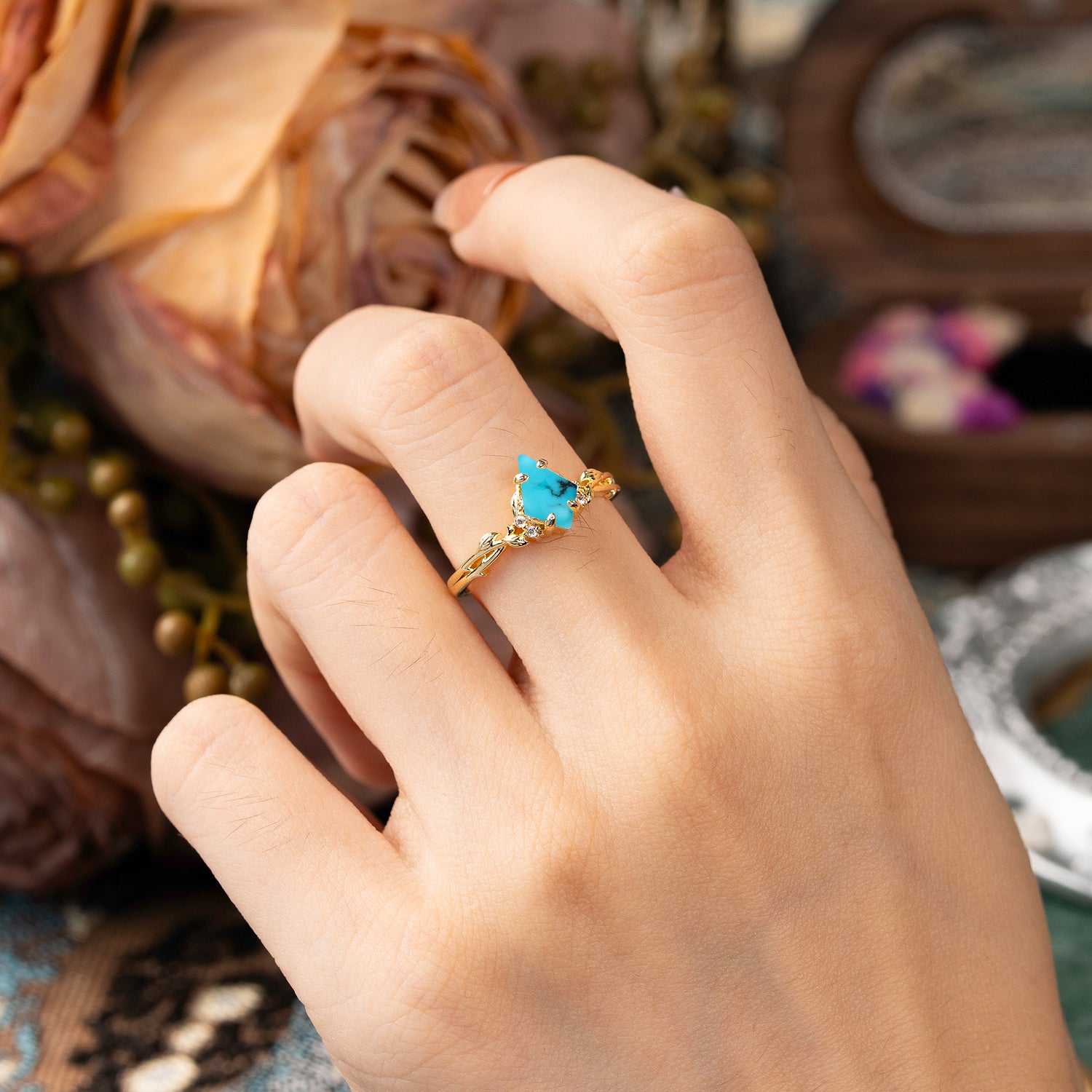 Nature-Inspired Kite Cut Turquoise Engagement Ring