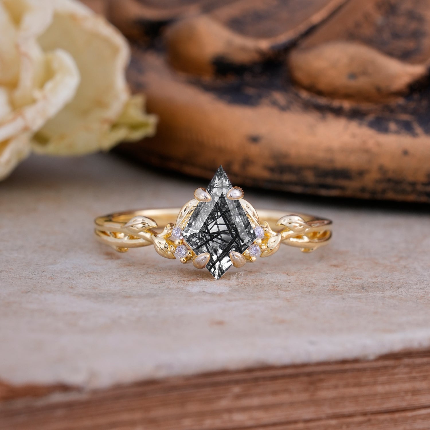 Nature-Inspired Kite Cut Black Rutilated Quartz Engagement Ring