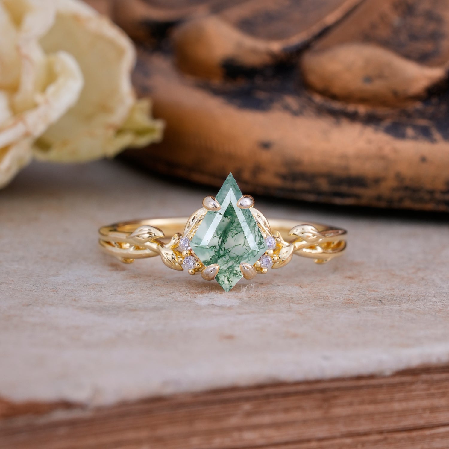 Nature-Inspired Kite Cut Moss Agate Engagement Ring