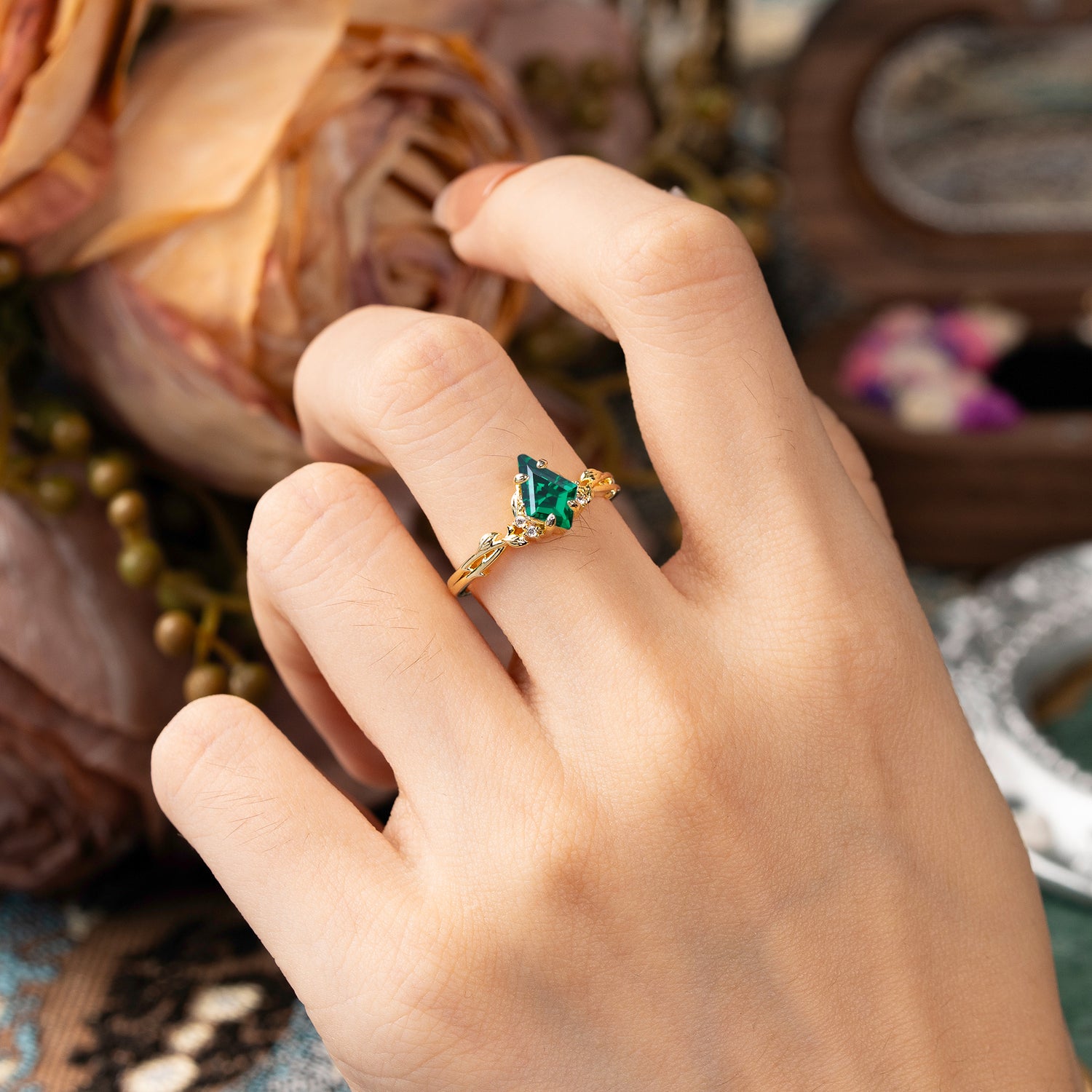 Nature-Inspired Kite Cut Emerald Engagement Ring