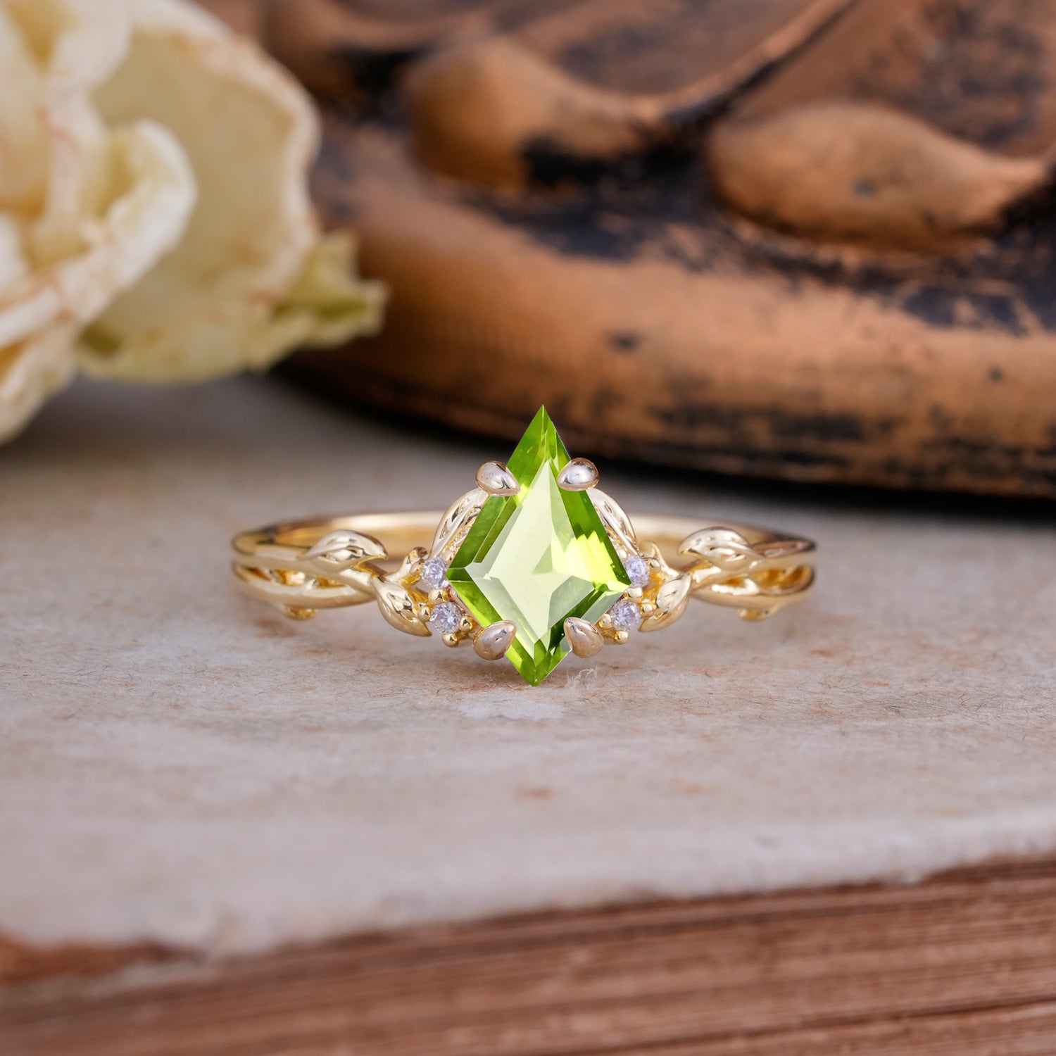 Nature-Inspired Kite Cut Peridot Engagement Ring
