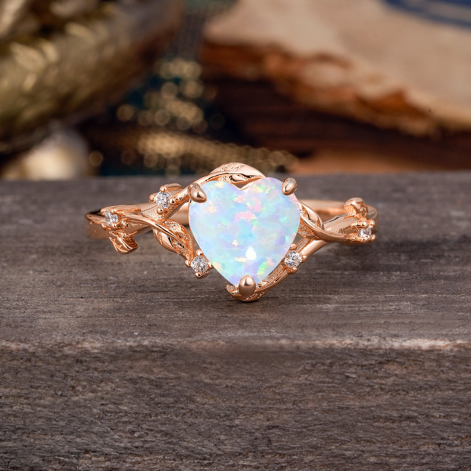 Nature-Inspired 3-Prong Heart-Shaped Opal Engagement Ring