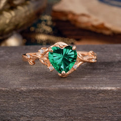 Nature-Inspired 3-Prong Heart-Shaped Emerald Engagement Ring