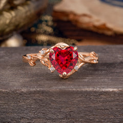 Nature-Inspired 3-Prong Heart-Shaped Ruby Engagement Ring