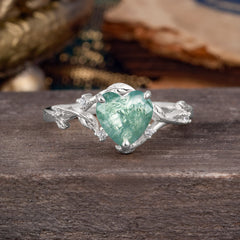 Nature-Inspired 3-Prong Heart-Shaped Natural Moss Agate Engagement Ring