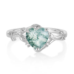Nature-Inspired 3-Prong Heart-Shaped Natural Moss Agate Engagement Ring