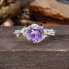 Nature-Inspired 3-Prong Heart-Shaped Amethyst Engagement Ring