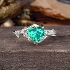 Nature-Inspired 3-Prong Heart-Shaped Emerald Engagement Ring