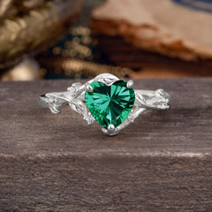 Nature-Inspired 3-Prong Heart-Shaped Emerald Engagement Ring