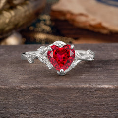 Nature-Inspired 3-Prong Heart-Shaped Ruby Engagement Ring
