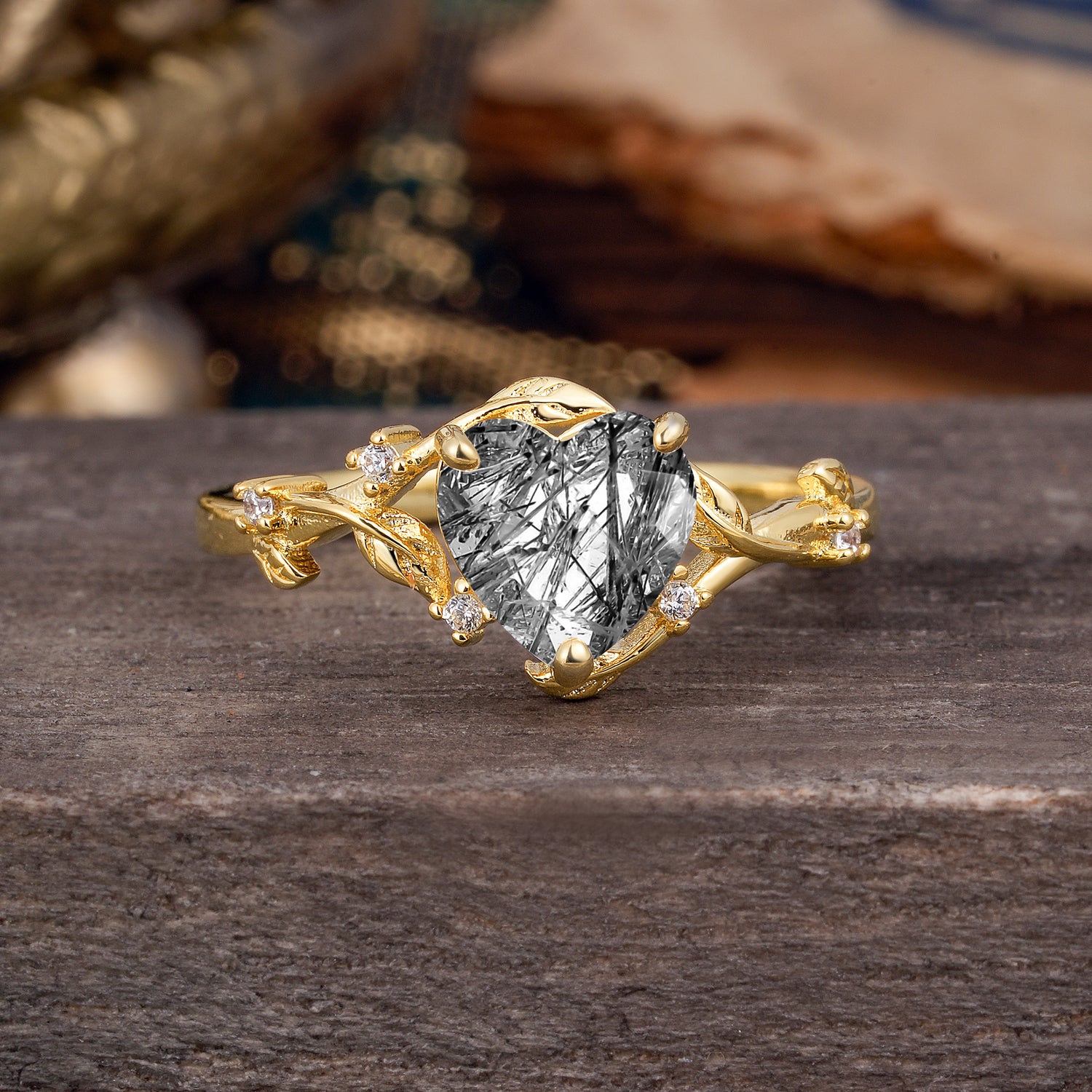 Nature-Inspired 3-Prong Heart-Shaped Black Rutilated Quartz Engagement Ring