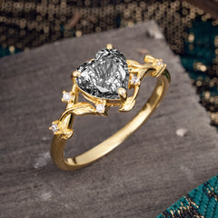 Nature-Inspired 3-Prong Heart-Shaped Black Rutilated Quartz Engagement Ring