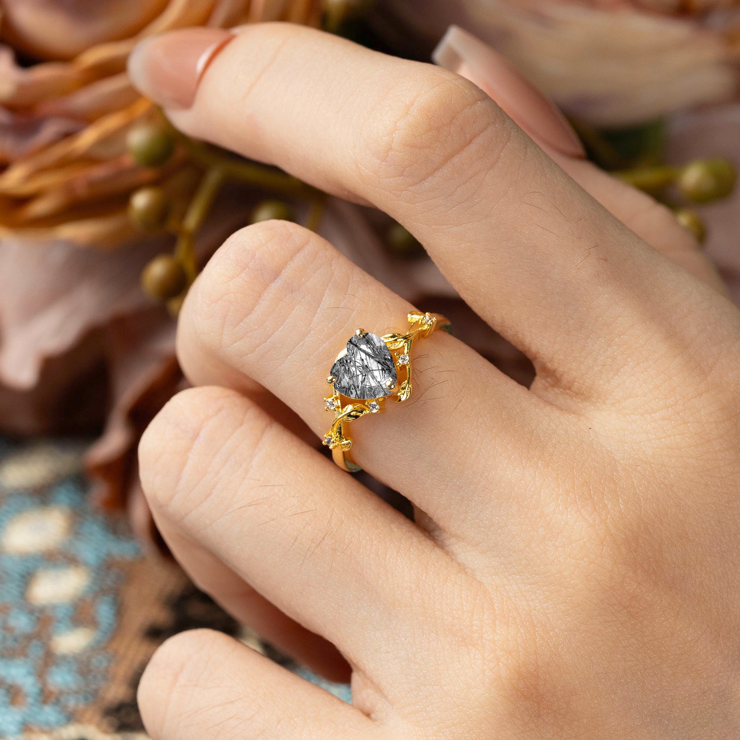 Nature-Inspired 3-Prong Heart-Shaped Black Rutilated Quartz Engagement Ring