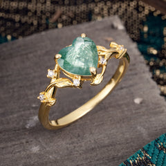 Nature-Inspired 3-Prong Heart-Shaped Natural Moss Agate Engagement Ring