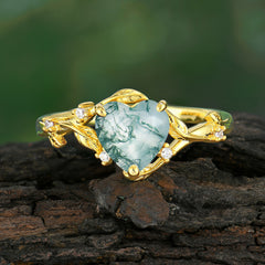 Nature-Inspired 3-Prong Heart-Shaped Natural Moss Agate Engagement Ring