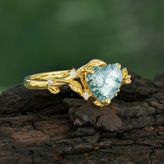 Nature-Inspired 3-Prong Heart-Shaped Natural Moss Agate Engagement Ring