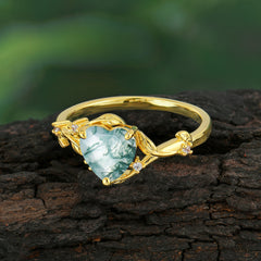 Nature-Inspired 3-Prong Heart-Shaped Natural Moss Agate Engagement Ring