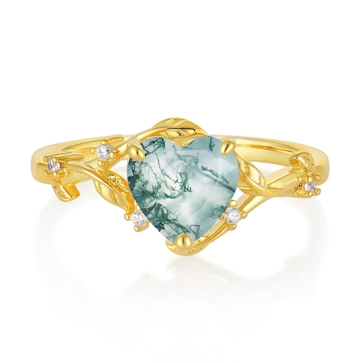 Nature-Inspired 3-Prong Heart-Shaped Natural Moss Agate Engagement Ring