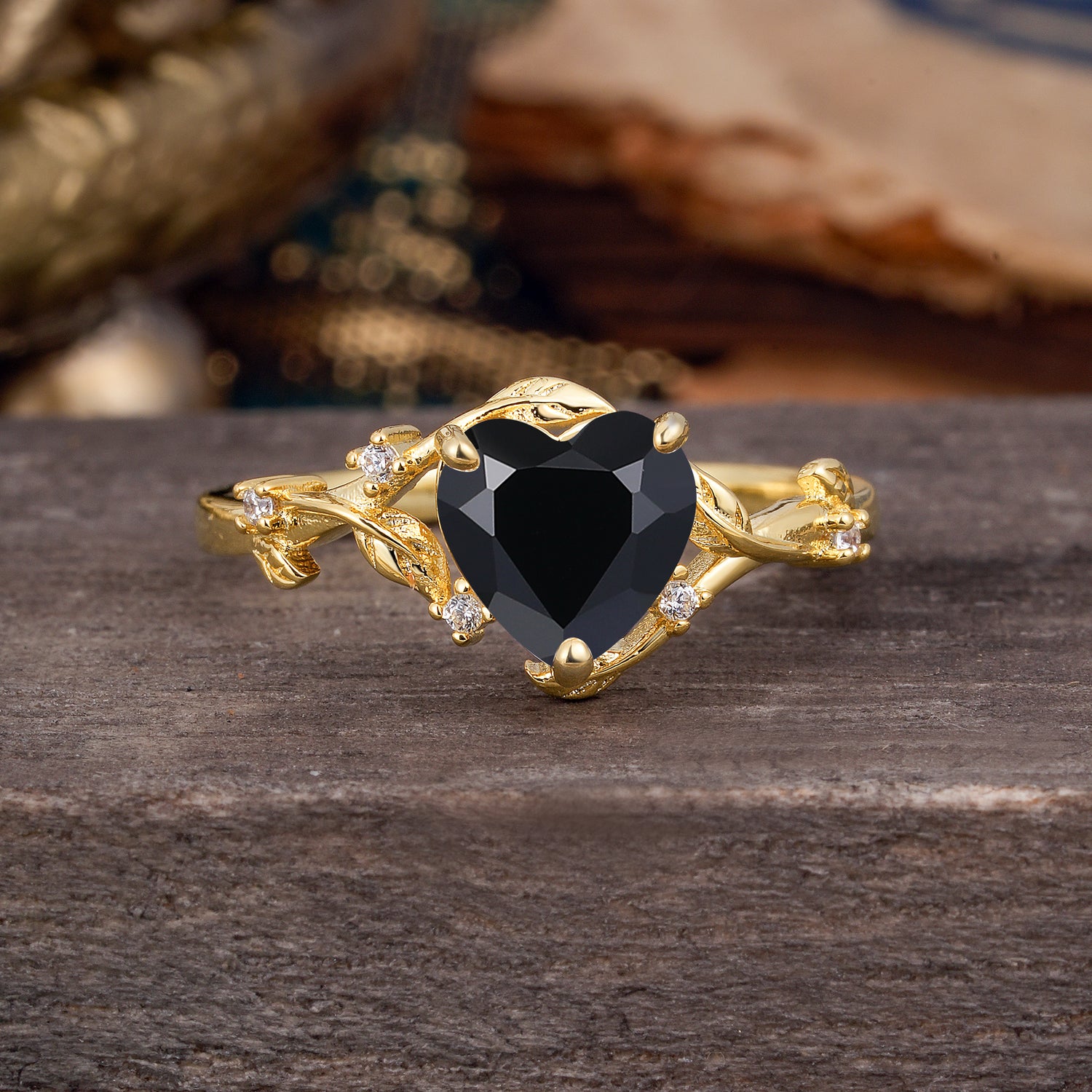 Nature-Inspired 3-Prong Heart-Shaped Black Onyx Engagement Ring - Romalar Jewelry