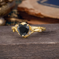 Nature-Inspired 3-Prong Heart-Shaped Black Onyx Engagement Ring