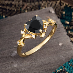 Nature-Inspired 3-Prong Heart-Shaped Black Onyx Engagement Ring