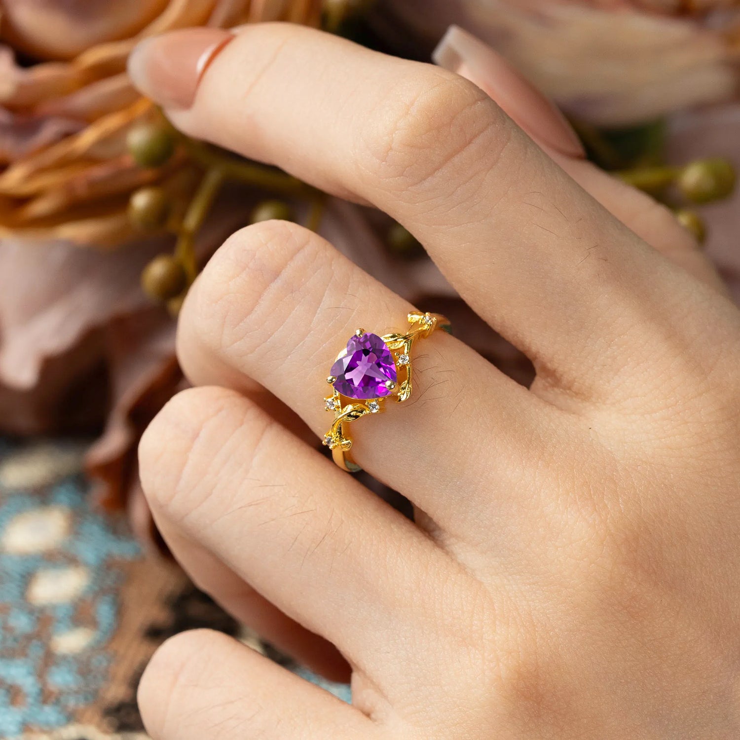 Nature-Inspired 3-Prong Heart-Shaped Amethyst Engagement Ring
