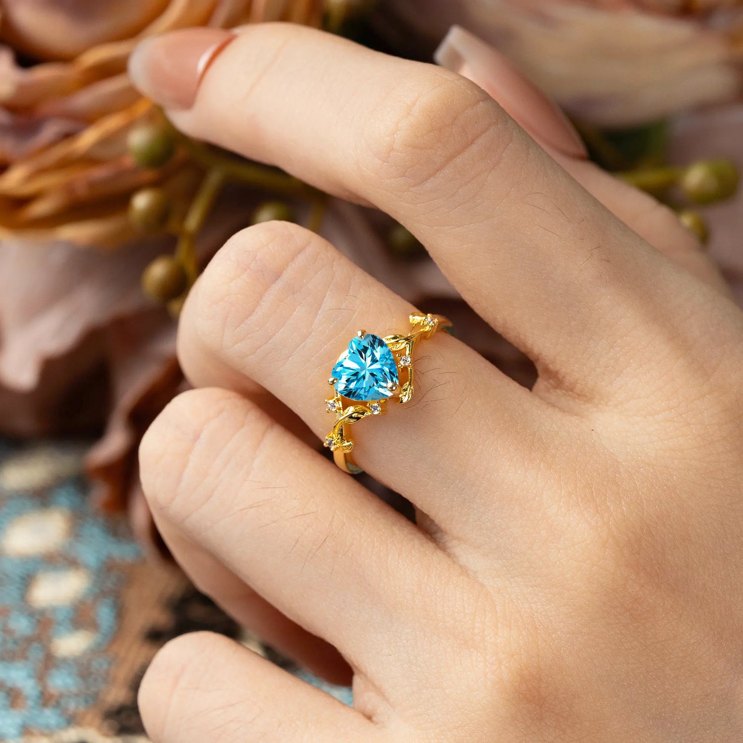 Nature-Inspired 3-Prong Heart-Shaped Aquamarine Engagement Ring