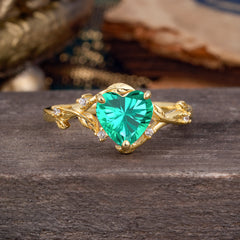 Nature-Inspired 3-Prong Heart-Shaped Emerald Engagement Ring