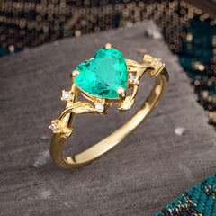 Nature-Inspired 3-Prong Heart-Shaped Emerald Engagement Ring