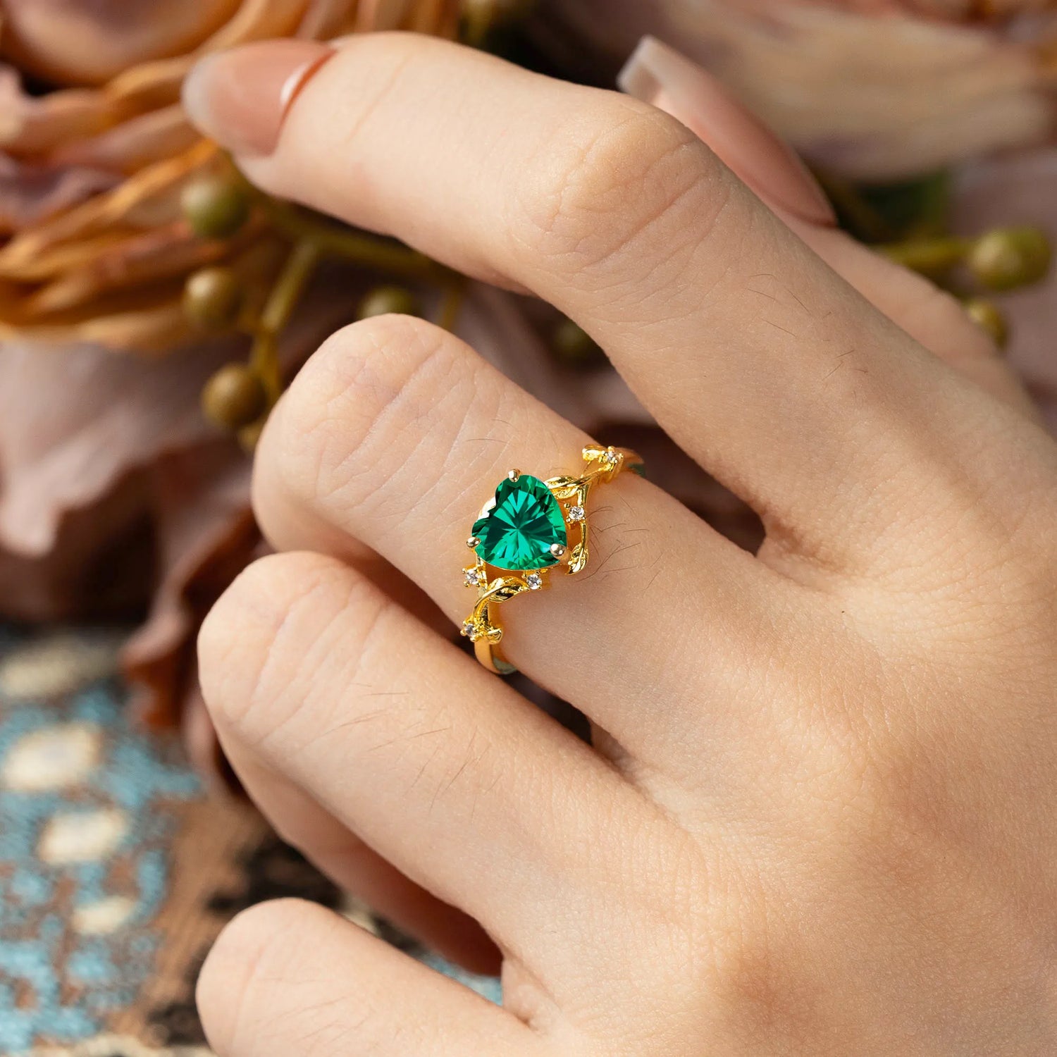 Nature-Inspired 3-Prong Heart-Shaped Emerald Engagement Ring - Romalar Jewelry