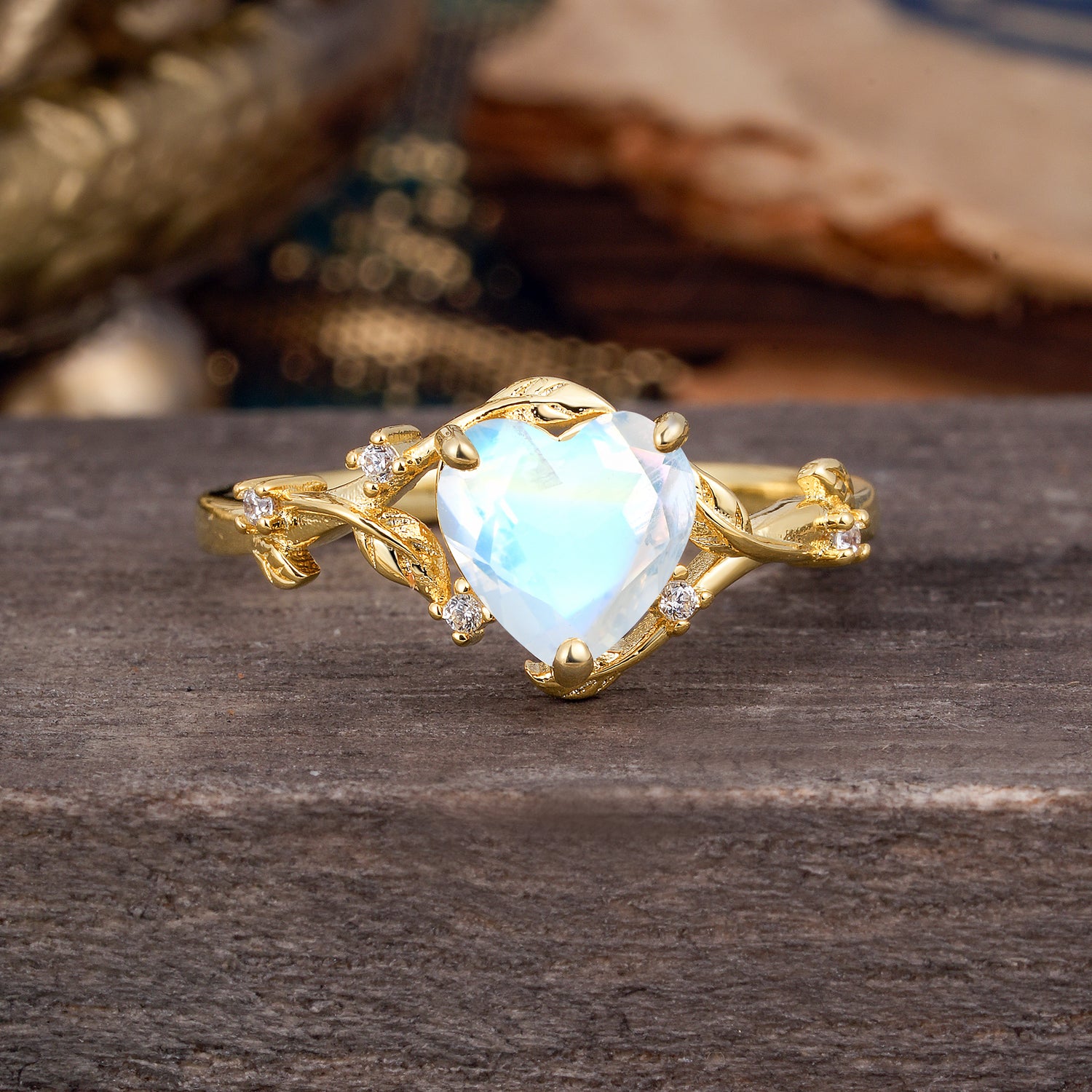 Nature-Inspired 3-Prong Heart-Shaped Moonstone Engagement Ring - Romalar Jewelry