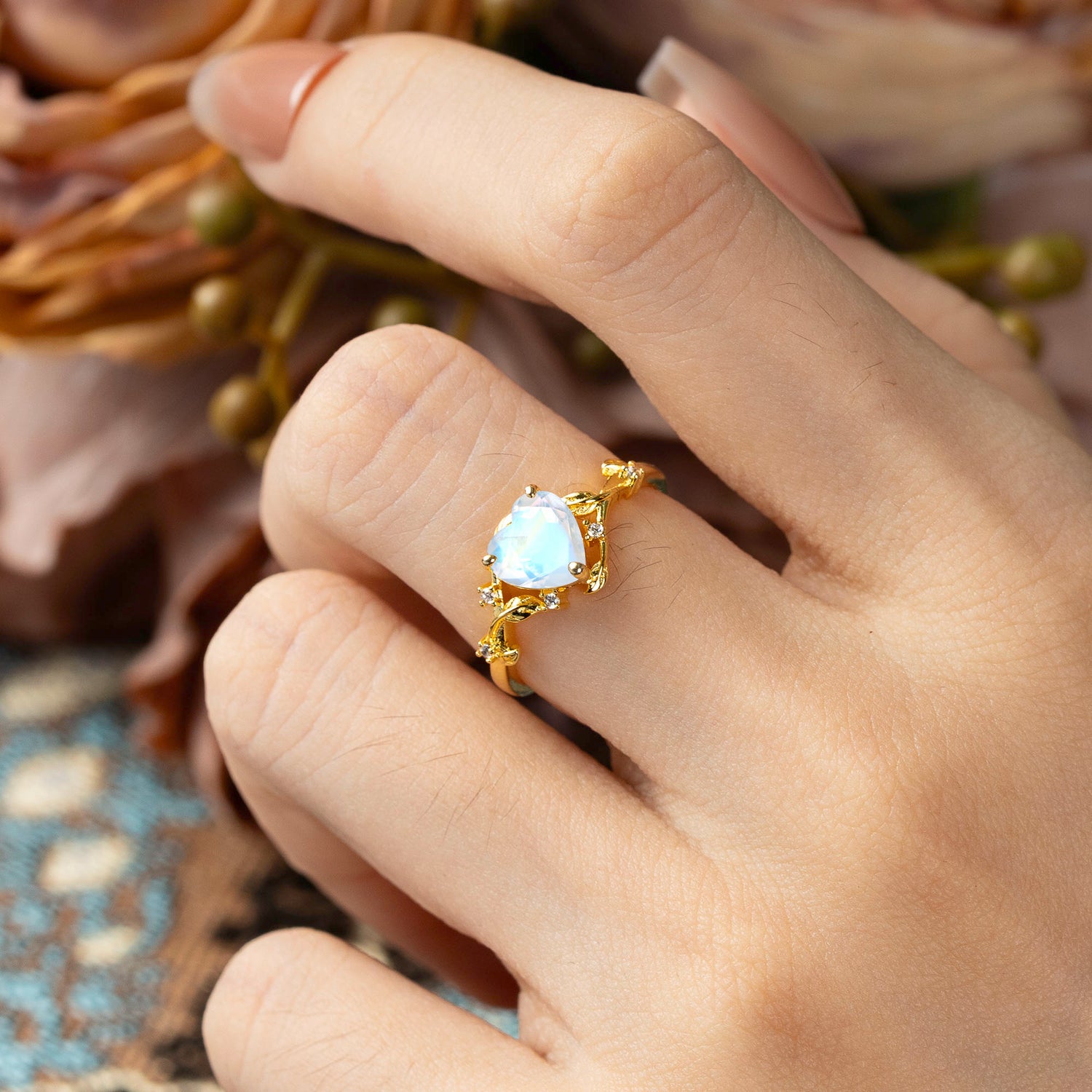 Nature-Inspired 3-Prong Heart-Shaped Moonstone Engagement Ring - Romalar Jewelry