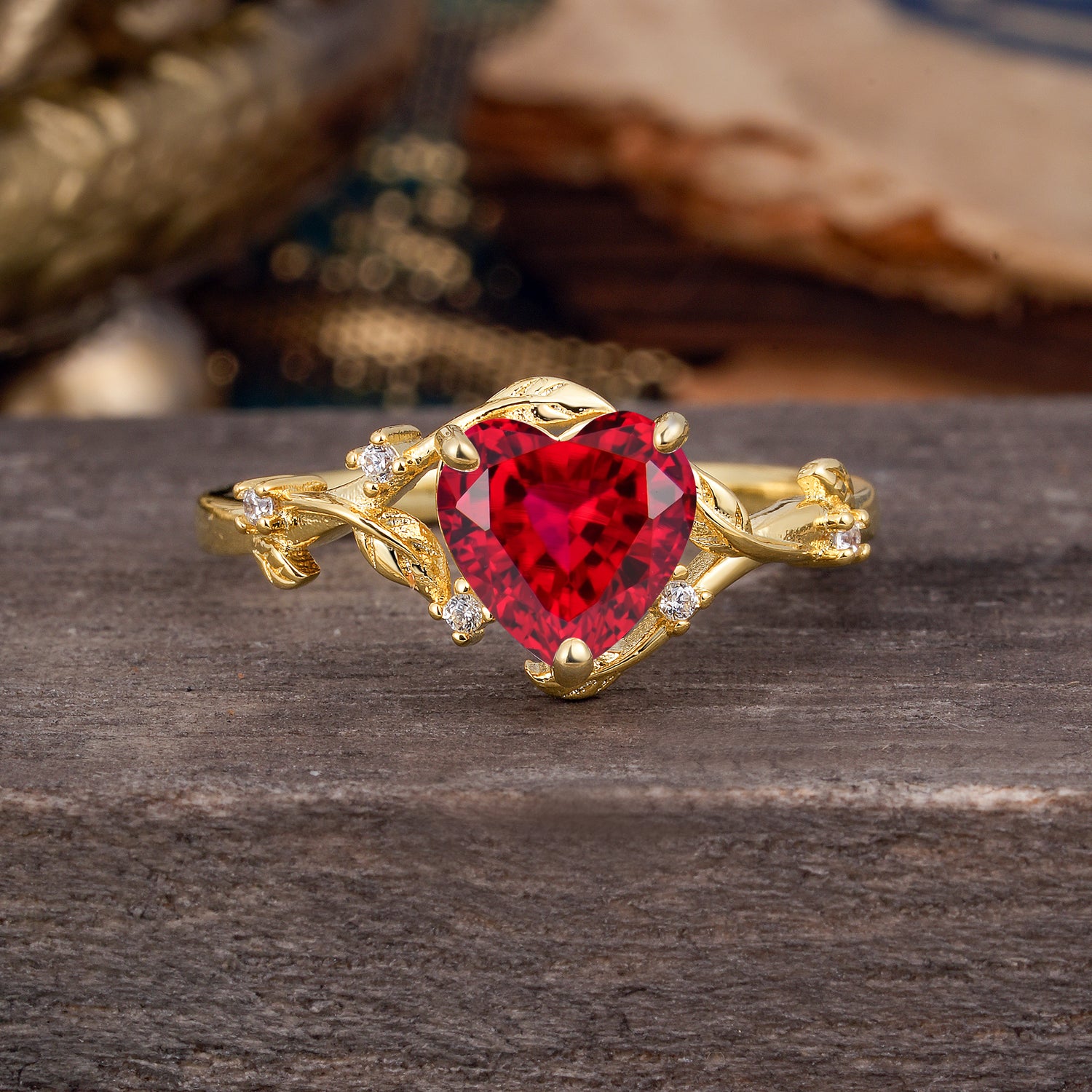 Nature-Inspired 3-Prong Heart-Shaped Ruby Engagement Ring