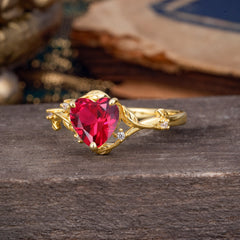 Nature-Inspired 3-Prong Heart-Shaped Ruby Engagement Ring