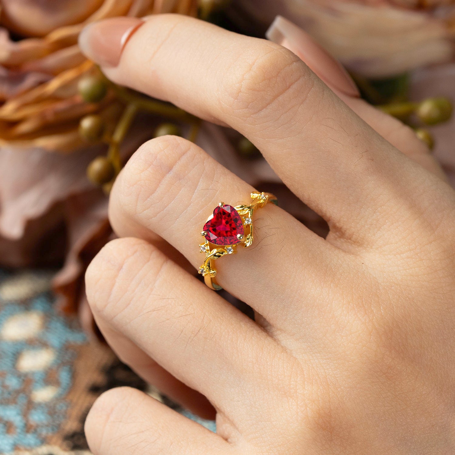 Nature-Inspired 3-Prong Heart-Shaped Ruby Engagement Ring