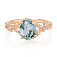 Luxury Nature-Inspired Oval Lab Diamond Alternative - Designer Natural Moss Agate Engagement Ring