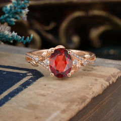 Luxury Nature-Inspired Oval Lab Diamond Alternative - Designer Garnet Engagement Ring