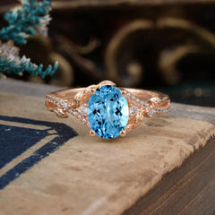 Luxury Nature-Inspired Oval Lab Diamond Alternative - Designer Aquamarine Engagement Ring