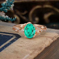 Luxury Nature-Inspired Oval Lab Diamond Alternative - Designer Emerald Engagement Ring