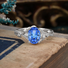 Luxury Nature-Inspired Oval Lab Diamond Alternative - Designer Sapphire Engagement Ring