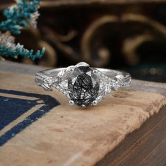 Luxury Nature-Inspired Oval Lab Diamond Alternative - Designer Black Rutilated Quartz Engagement Ring
