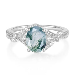 Luxury Nature-Inspired Oval Lab Diamond Alternative - Designer Natural Moss Agate Engagement Ring