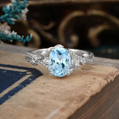 Luxury Nature-Inspired Oval Lab Diamond Alternative - Designer Aquamarine Engagement Ring