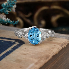 Luxury Nature-Inspired Oval Lab Diamond Alternative - Designer Aquamarine Engagement Ring