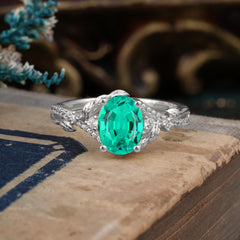 Luxury Nature-Inspired Oval Lab Diamond Alternative - Designer Emerald Engagement Ring