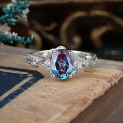 Luxury Nature-Inspired Oval Lab Diamond Alternative - Designer Alexandrite Engagement Ring