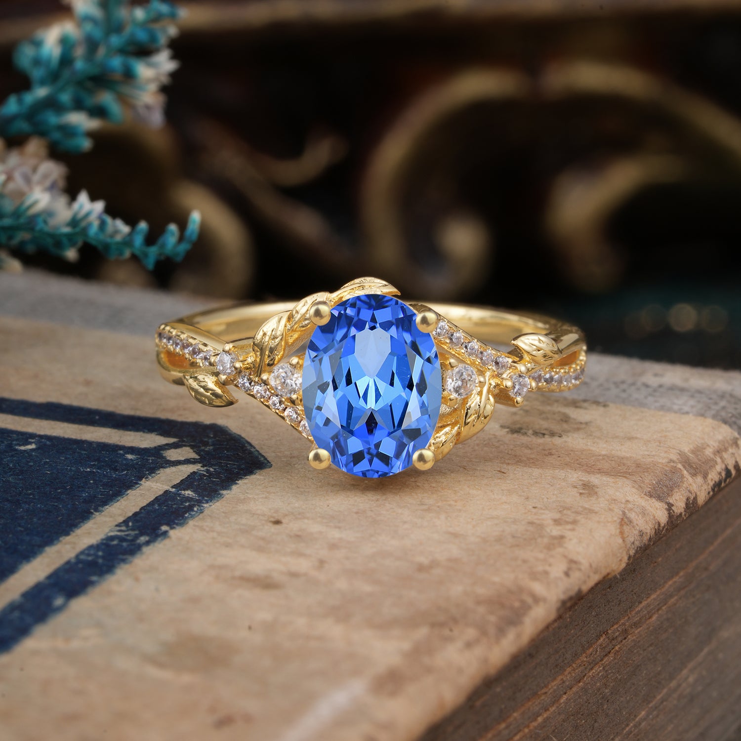 Luxury Nature-Inspired Oval Lab Diamond Alternative Sapphire Engagement Ring
