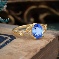 Luxury Nature-Inspired Oval Lab Diamond Alternative - Designer Sapphire Engagement Ring