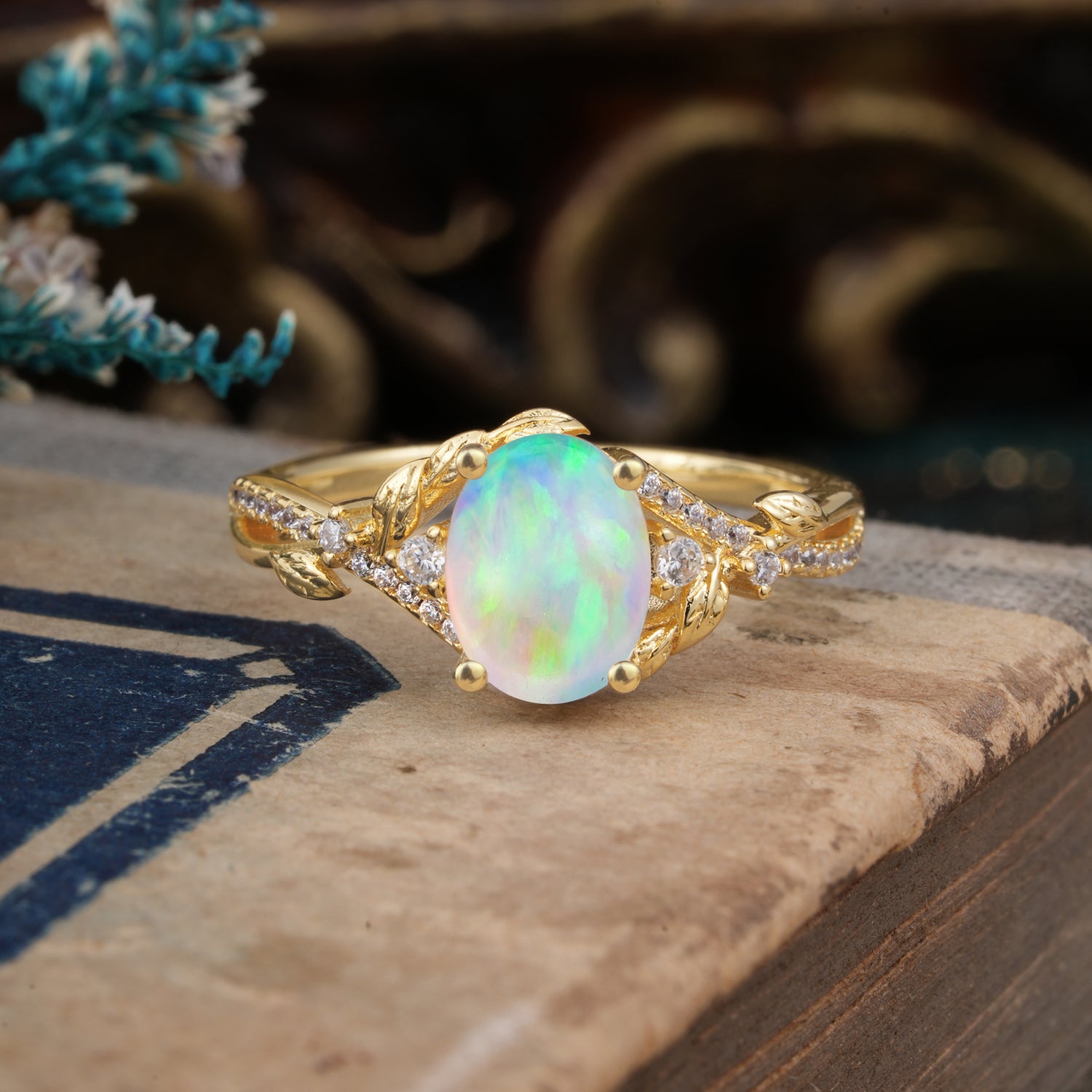 Luxury Nature-Inspired Oval Cut Natural Opal Engagement Ring