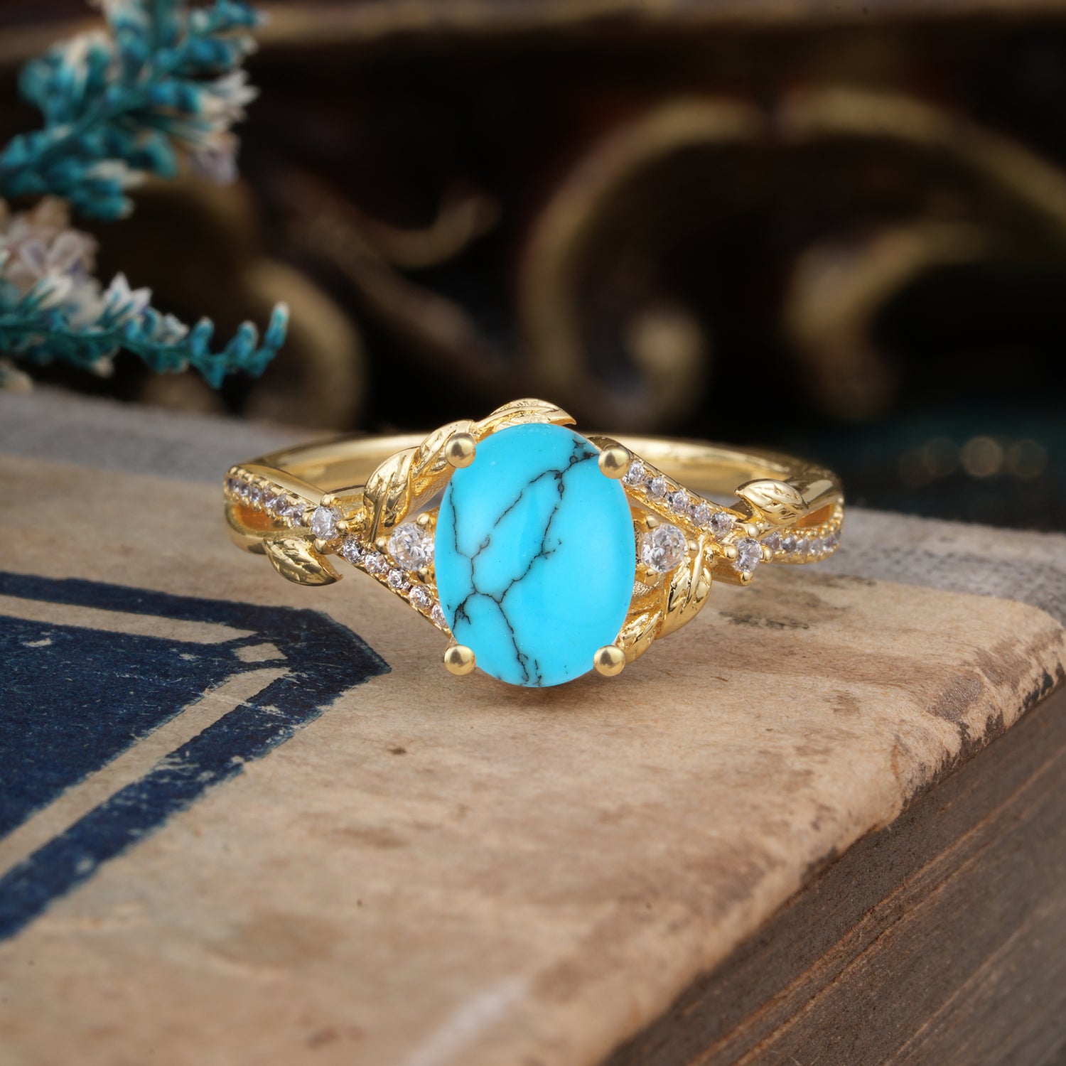 Luxury Nature-Inspired Oval-Cut Turquoise Engagement Ring